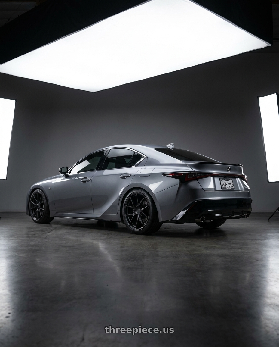 2021 Lexus IS350 Cloudburst Grey with Aodhan AFF7 5x114.3 19x8.5+35 Matte Black wheels rear three quarter view square tires