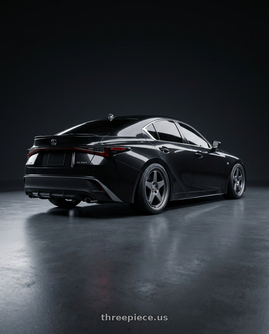 2021 Lexus IS350 with Kansei K12G KNP 5x114.3 19x9.5 35 Gunmetal wheels rear three quarter view square tires