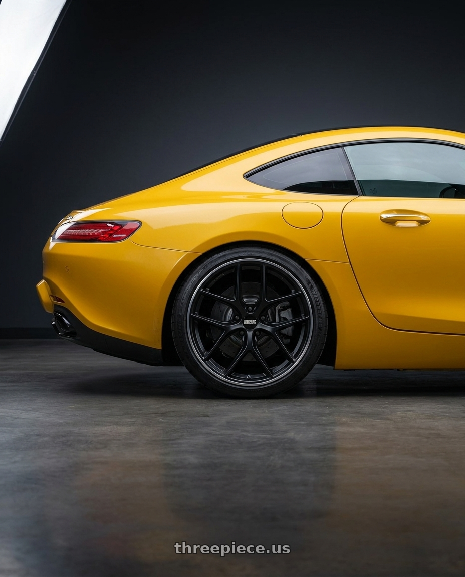 2019 Mercedes-Benz AMG GT with BBS CC-R 5x112 19x8.0+27 Satin Black wheels rear three quarter view square tires