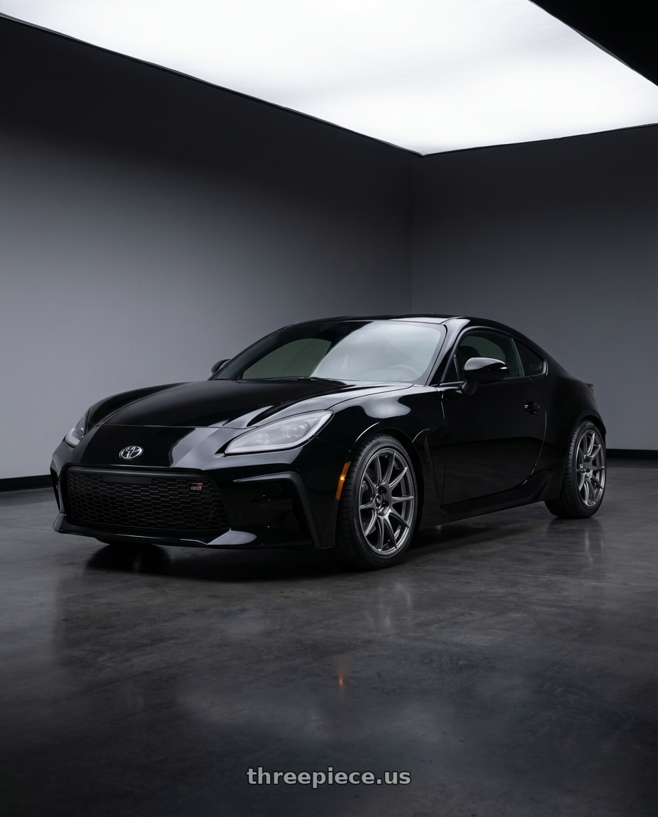 2025 Toyota GR86 Black with Ssr Gtx01 5x100 18x9.5+40  DARK SILVER wheels front three quarter view stock stance