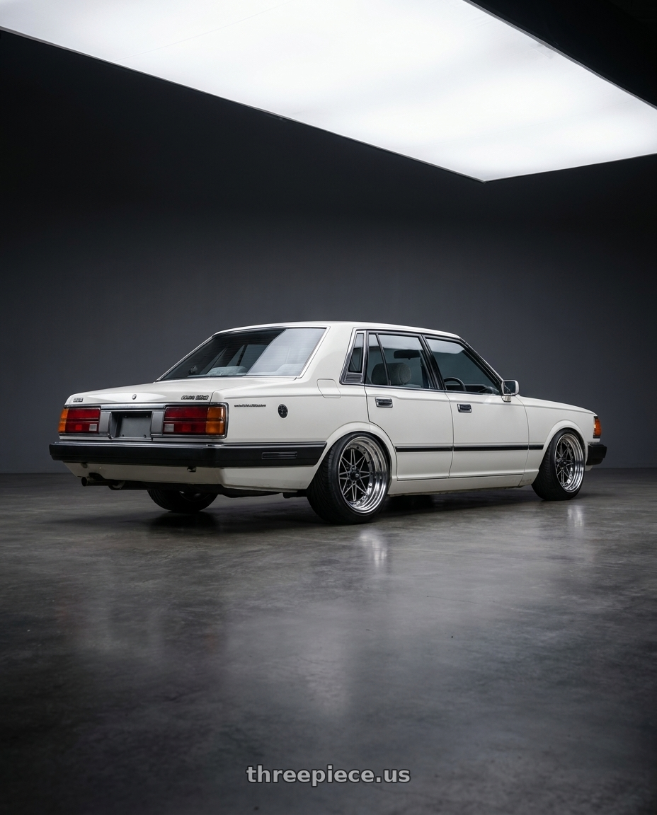 1983 Nissan 280C with EQUIP 03 Black Polish 4x100 15x8.5 +1MM wheels rear three quarter view extreme stretch tires