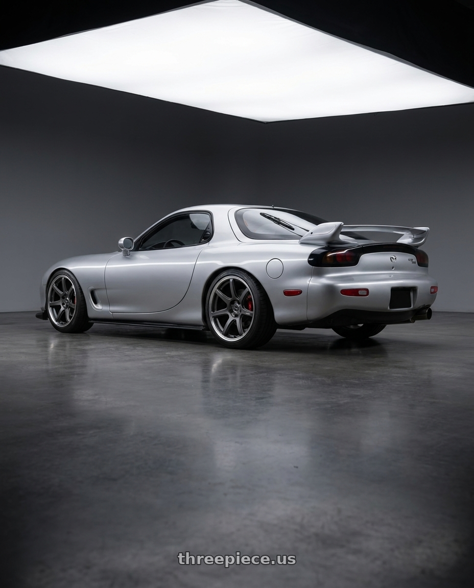 1993 mazda rx-7 with Work Emotion T7R 2P wheels rear three quarter view square tires