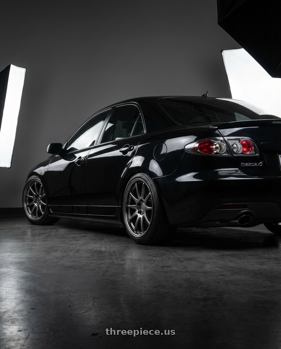 2006 Mazda, Mazdaspeed 6, Grand touring, Black with Aodhan DS02 5x114.3 18x8.5+35 Hyper Black wheels rear three quarter view slight stretch tires