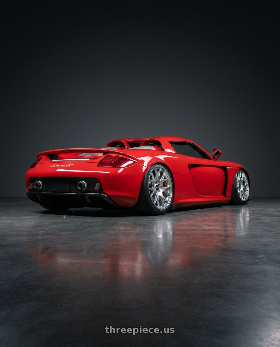 2004 Porsche Carrera GT with BBS CH-R 5x112 20x10.5 +25 Brilliant Silver Polished Rim Protector wheels rear three quarter view square tires