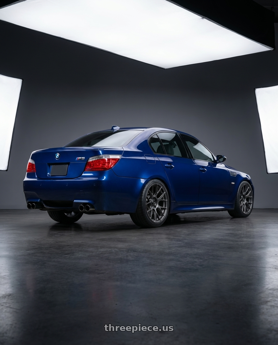 2010 BMW M5 E60 with Konig Ampliform 5x120 19x10+28 Dark Metallic Graphite wheels rear three quarter view square tires