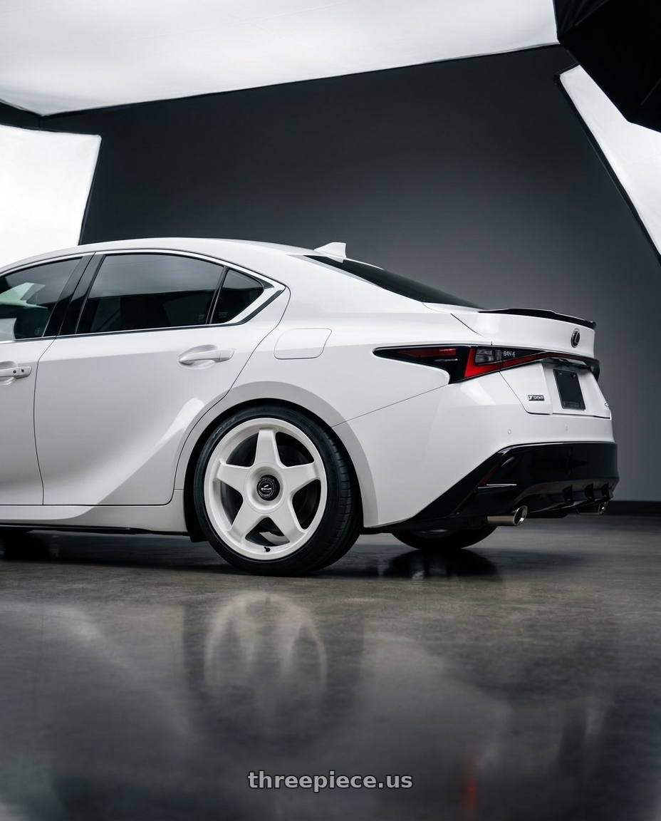 2024 Lexus IS 350 with fifteen52 CHICANE 5x114.3 / 5x120 19x8.5 +35 RALLY WHITE (GLOSS WHITE) wheels rear three quarter view square tires