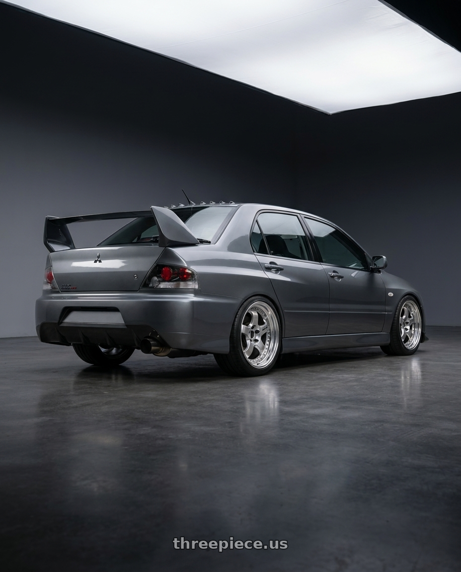 2006 Mitsubishi Lancer evolution MR with Work Meister S1 3P 5x114.3 18x9+30 O Disk Bright Buff Finish wheels rear three quarter view square tires