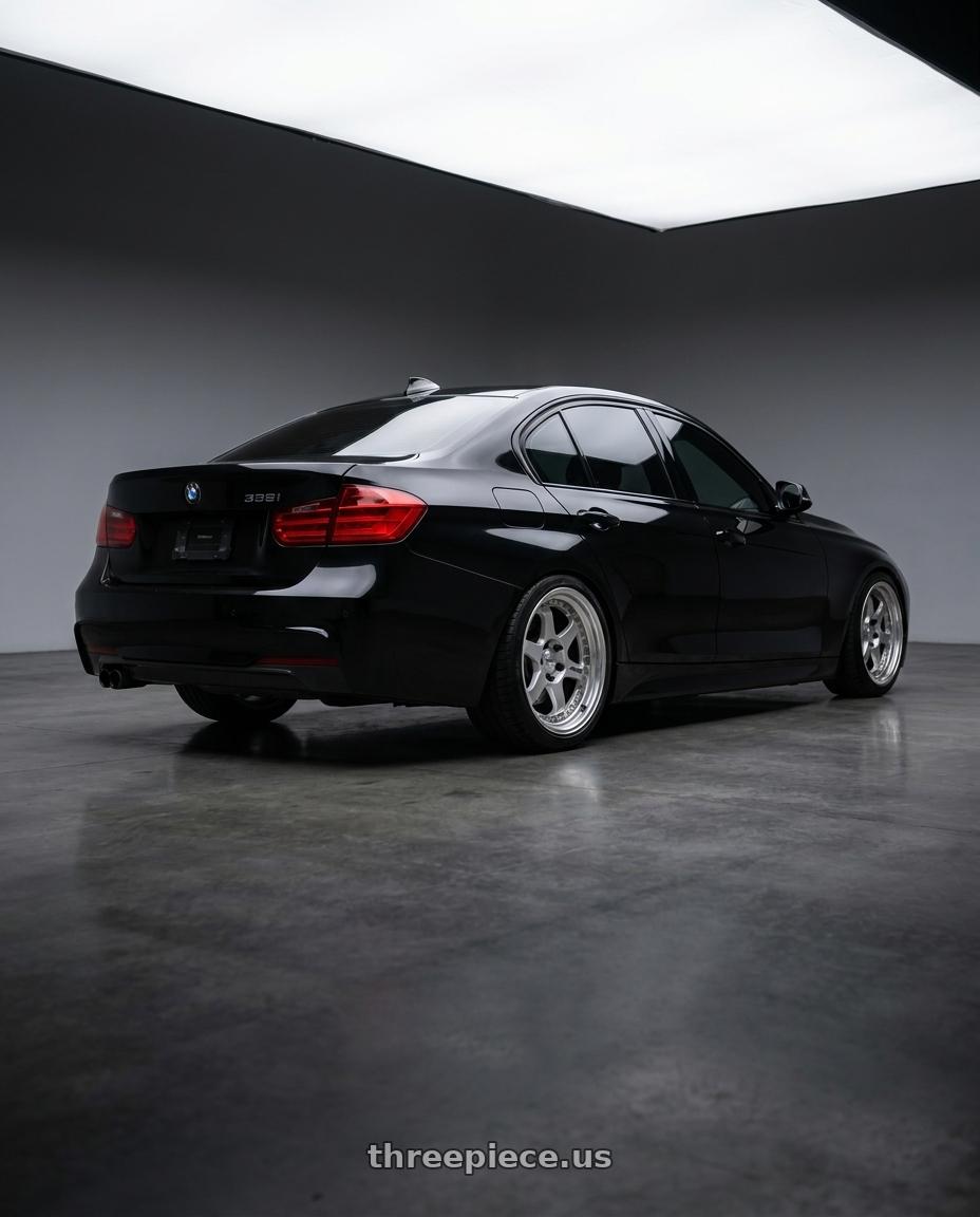 2014 bmw 335i with Work Meister L1 3P 5x120 18x9+37 L Disk Matte Silver wheels rear three quarter view square tires