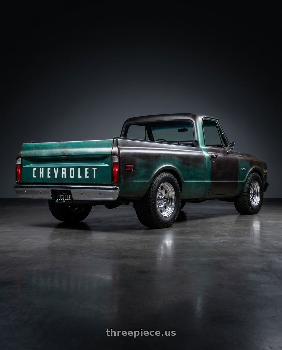 1969 chevy c/10 with American Racing AR172 BAJA 5X135 17X8 0 POLISHED wheels rear three quarter view meaty tires