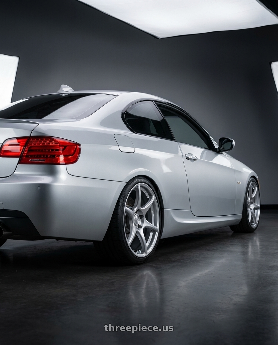 2012 BMW 3 Series E92 with Kansei K11S Tandem 5X120 18x8.5 35 Hyper Silver wheels rear three quarter view square tires