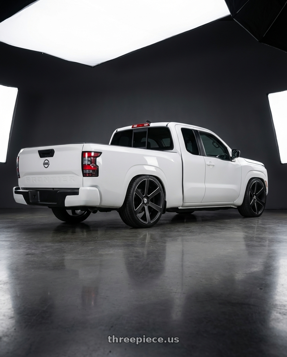 2025 Nissan Frontier kingcab white base model with Asanti Black ABL-15 APOLLO 6X139.7 24X9 +15 SATIN BLACK MILLED wheels rear three quarter view square tires