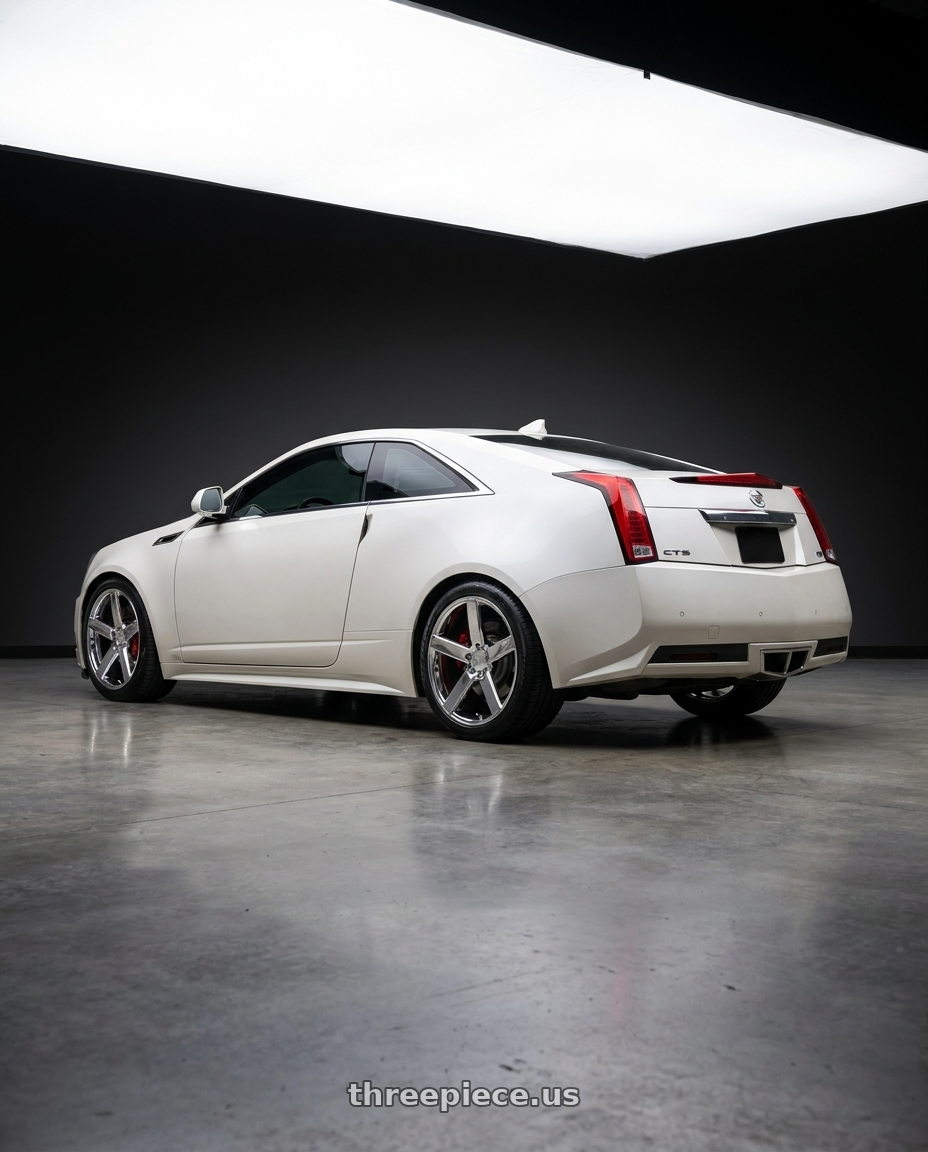 2012 Cadillac CTS 2-door coupe RWD with Niche 1PC M132 MILAN 5X120 20X8.5 +35 CHROME PLATED wheels rear three quarter view square tires