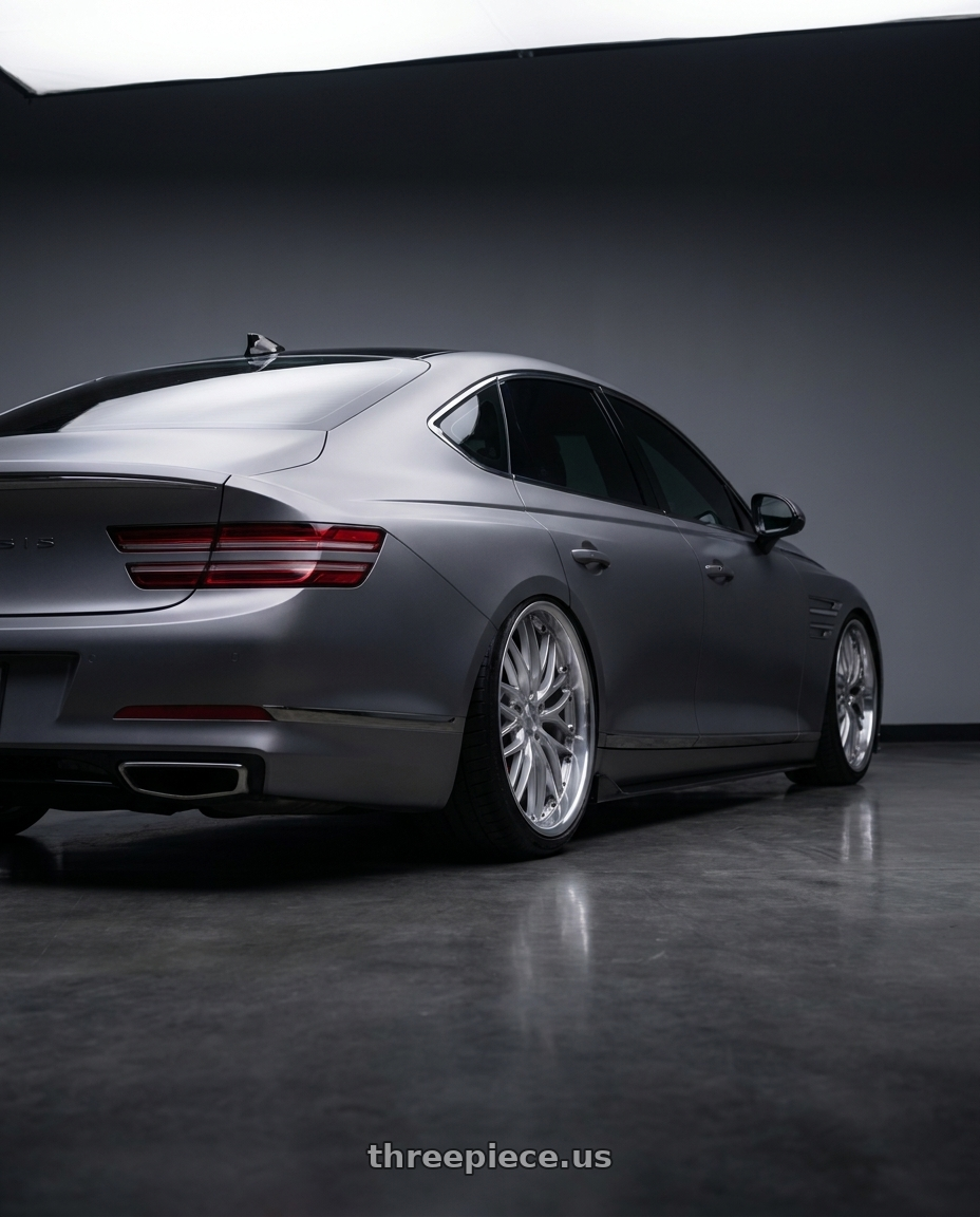 2024 Genesis g80 with MRR GT1 5x114.3 20x8.5  +35 Hyper Silver Machine Lip wheels rear three quarter view slight stretch tires