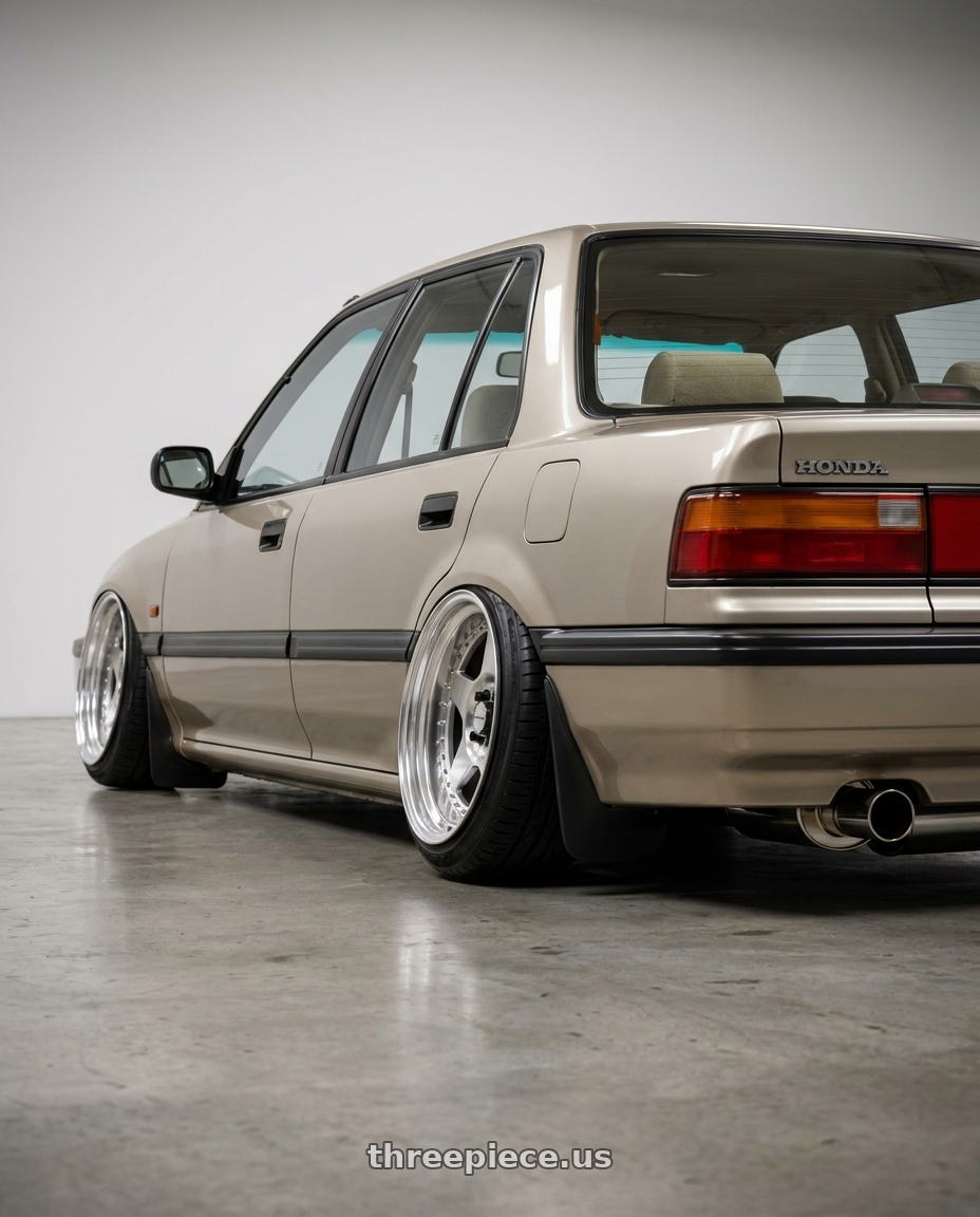 1990 Honda EF sedan DOHC si, champagne gold in colour  with Work Meister Cr01 4x100 16x10+-16 A Disk Bright Buff Finish wheels rear three quarter view extreme stretch tires