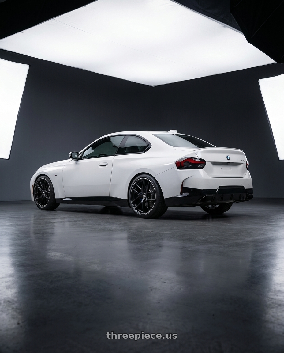 2024 BMW 2 Series G42 with BBS CC-R 5x112 19x8.0+27 Satin Black wheels rear three quarter view square tires