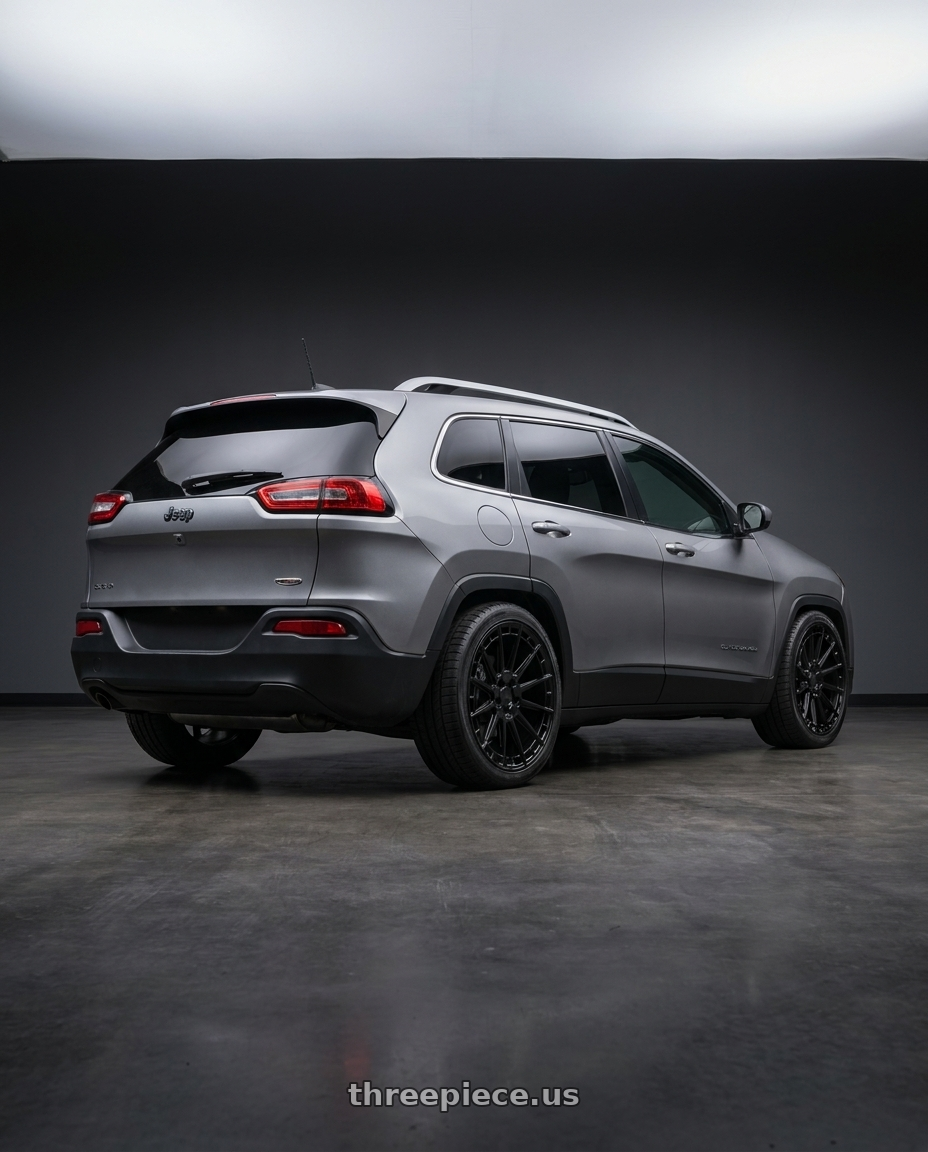 2017 Jeep Cherokee with KATANA RACING KR11 5x110 17x7.5 +40 Matte Black wheels rear three quarter view square tires