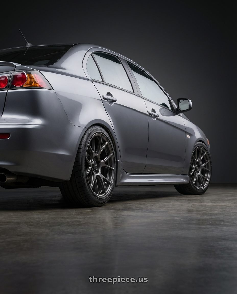 2014 Mitsubishi Lancer Ralliart with Konig Ampliform 5x114.3 18x8.5+45 Dark Metallic Graphite wheels rear three quarter view square tires
