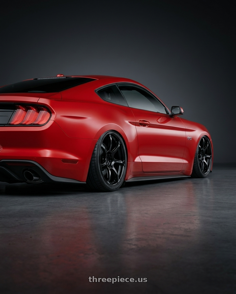2020 Ford Mustang with Advan RGIII 5x112 19x8.5+45 Gloss Black wheels rear three quarter view slight stretch tires