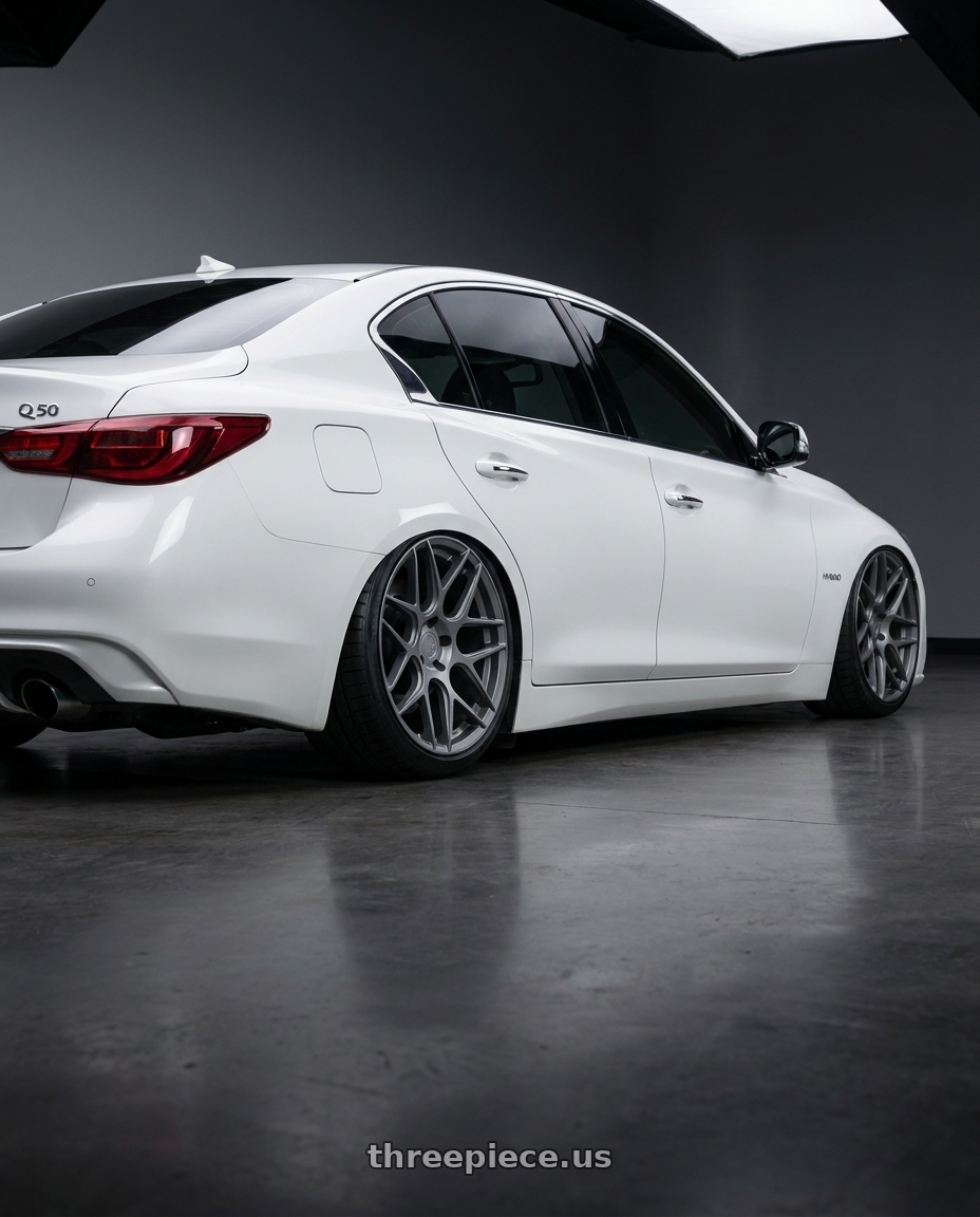 2020 Infiniti Q50 with Aodhan AFF2 5x114.3 19x8.5+35 Matte Gray wheels rear three quarter view slight stretch tires