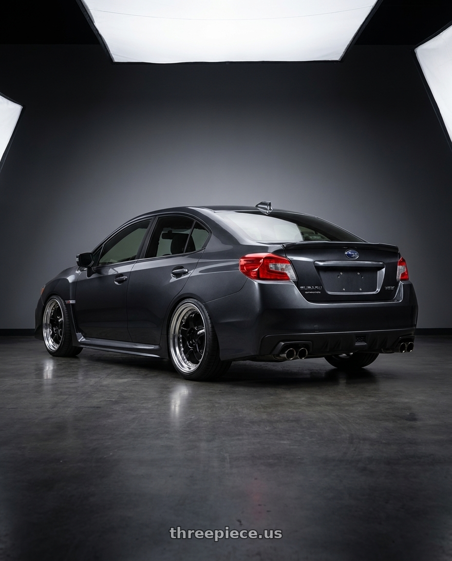 2019 Subaru Wrx with Work Meister S1 3P 5x100 18x8.5+41 A Disk Black wheels rear three quarter view slight stretch tires