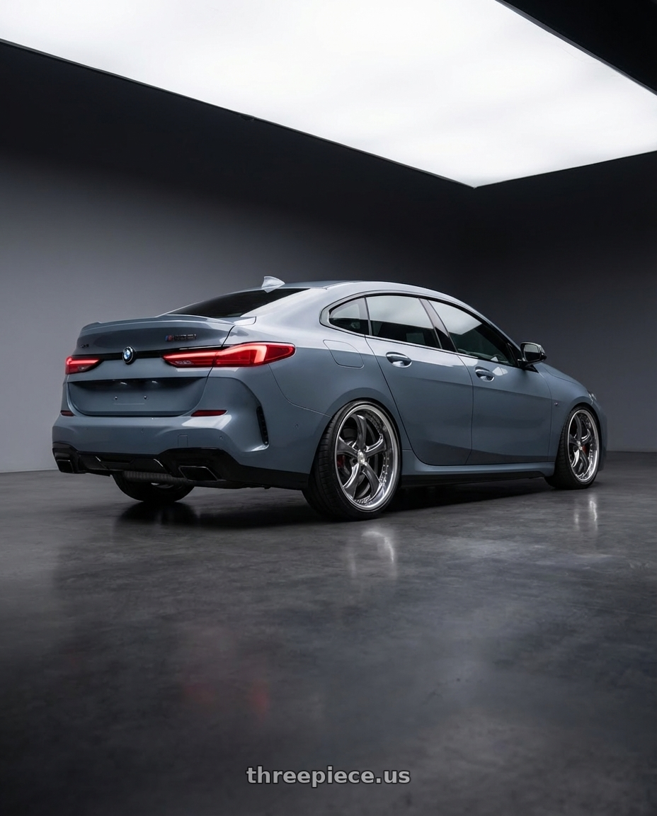 2021 BMW M235i xDrive, Storm Bay Metallic with Work Wheels VS-KF 5X114.3 19x9.5+27 Brilliant Silver Black O Disk FULL REVERSE wheels rear three quarter view slight stretch tires