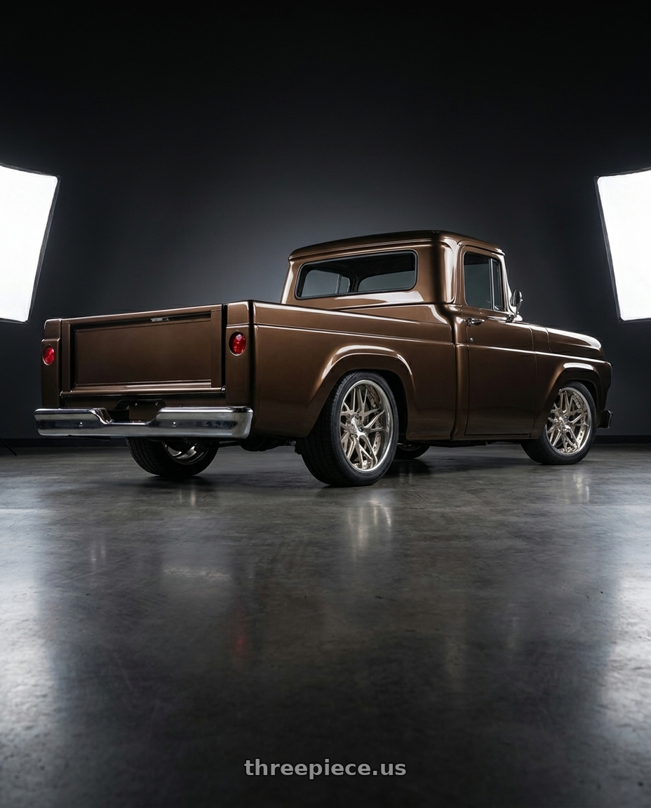 2019 ford f100 with Work Gnosis Cvx 5x114.3 20x9.5+45 H Disk Buff Finish wheels rear three quarter view square tires