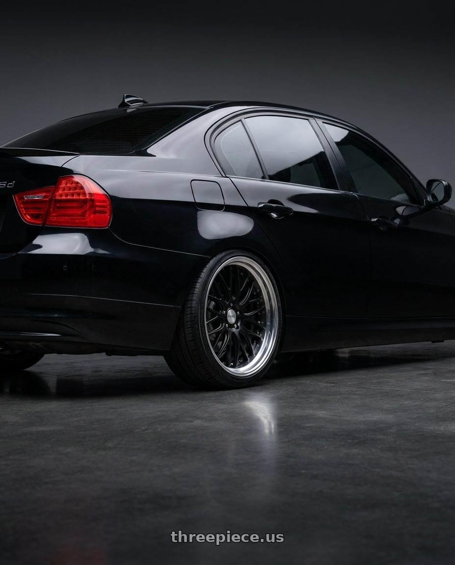 2011 bmw 335d with Work Gnosis Gr204 5x120 19x10+38 H Disk Matte Black wheels rear three quarter view square tires