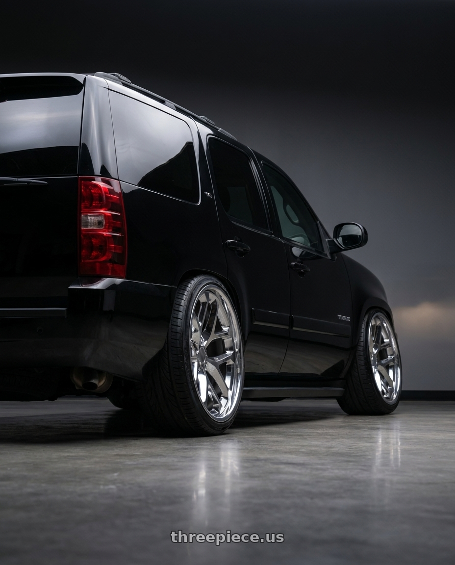 2013 Chevy Tahoe lt with OE Wheels CV98B 6x139.7 24x10+24 Chrome wheels rear three quarter view extreme stretch tires