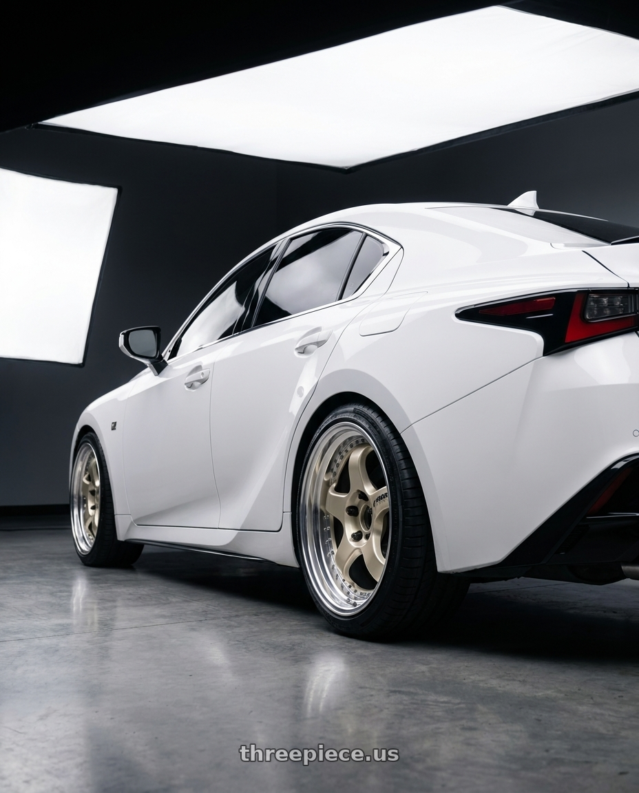 2023 Lexus IS 350 F sport white  with Work Meister S1 3P 5x114.3 19x8.5+38 R Disk Bright Buff Finish wheels rear three quarter view square tires