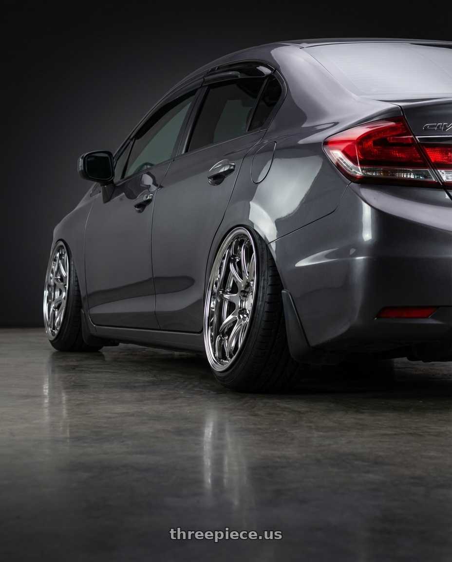 2015 honda civic sedan with Aodhan DS02 5x114.3 18x9.5+15 Vacuum Chrome wheels rear three quarter view extreme stretch tires