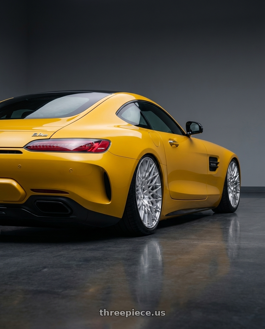 2019 Mercedes-Benz AMG GT with Avant Garde Wheels M540 5X112 20x9 +32 Silver Machined wheels rear three quarter view slight stretch tires