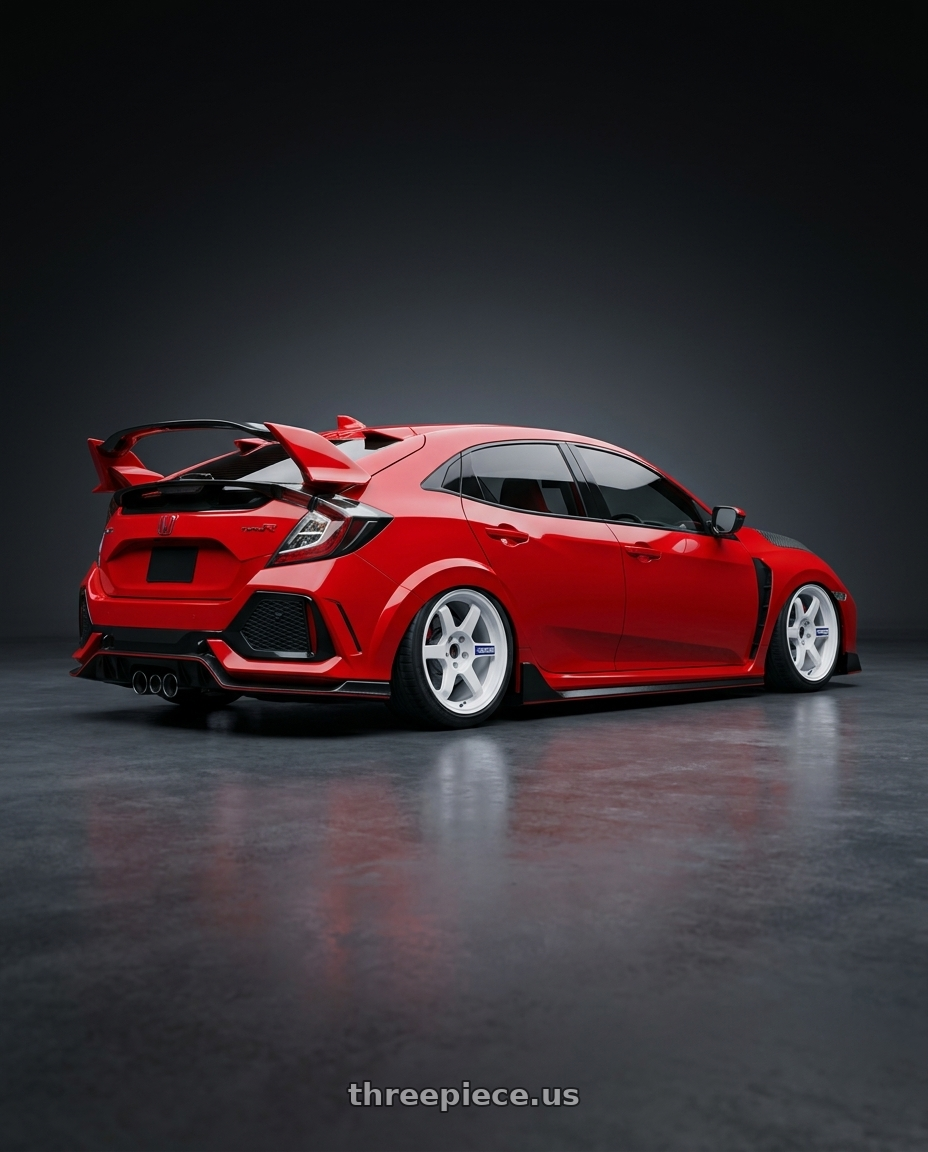 2018 Honda fk8 with Volk Racing TE37 Gravel 5x114.3 15x7.0+35 White wheels rear three quarter view slight stretch tires