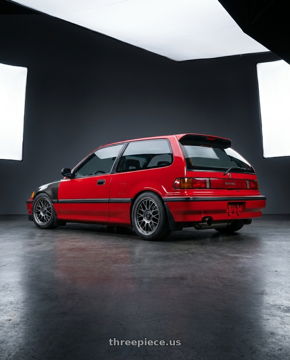 1990 Honda Civic with Konig MRK1 4X100 15x8 35 Hyper Carbon wheels rear three quarter view square tires
