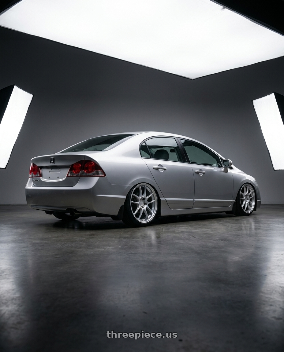 2009 Civic fd1 with Enkei PF01 5x114.3 18x8.5+48 Silver wheels rear three quarter view slight stretch tires