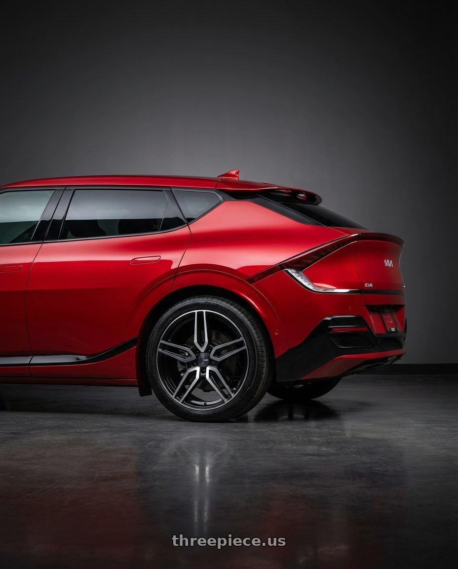 2024 kia ev6 with Enkei Victory 5x114.3 20x8.5+40 Black Machined wheels rear three quarter view square tires