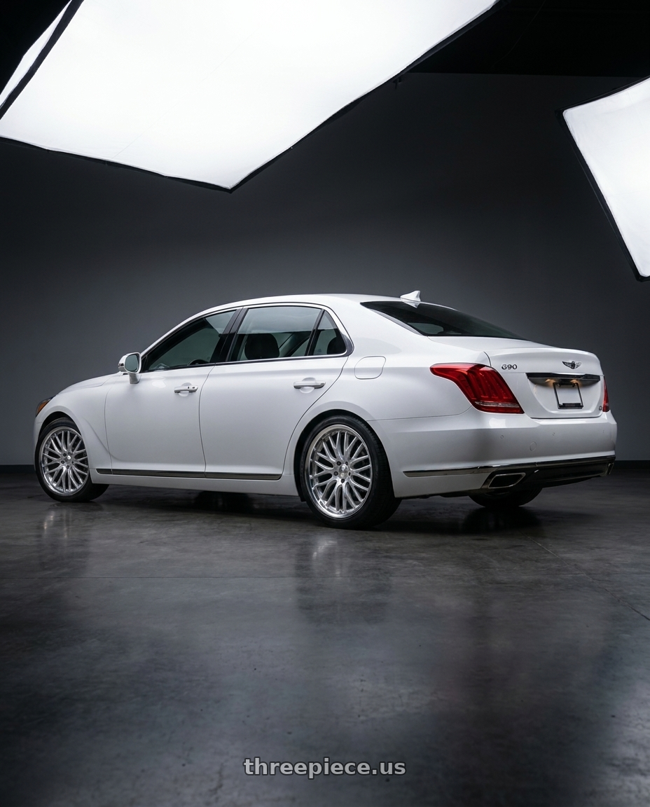 2018 genesis g90 ultimate with V�xx Masi 5x114.3 20x9+35 Silver Mirror Mach Lip wheels rear three quarter view square tires