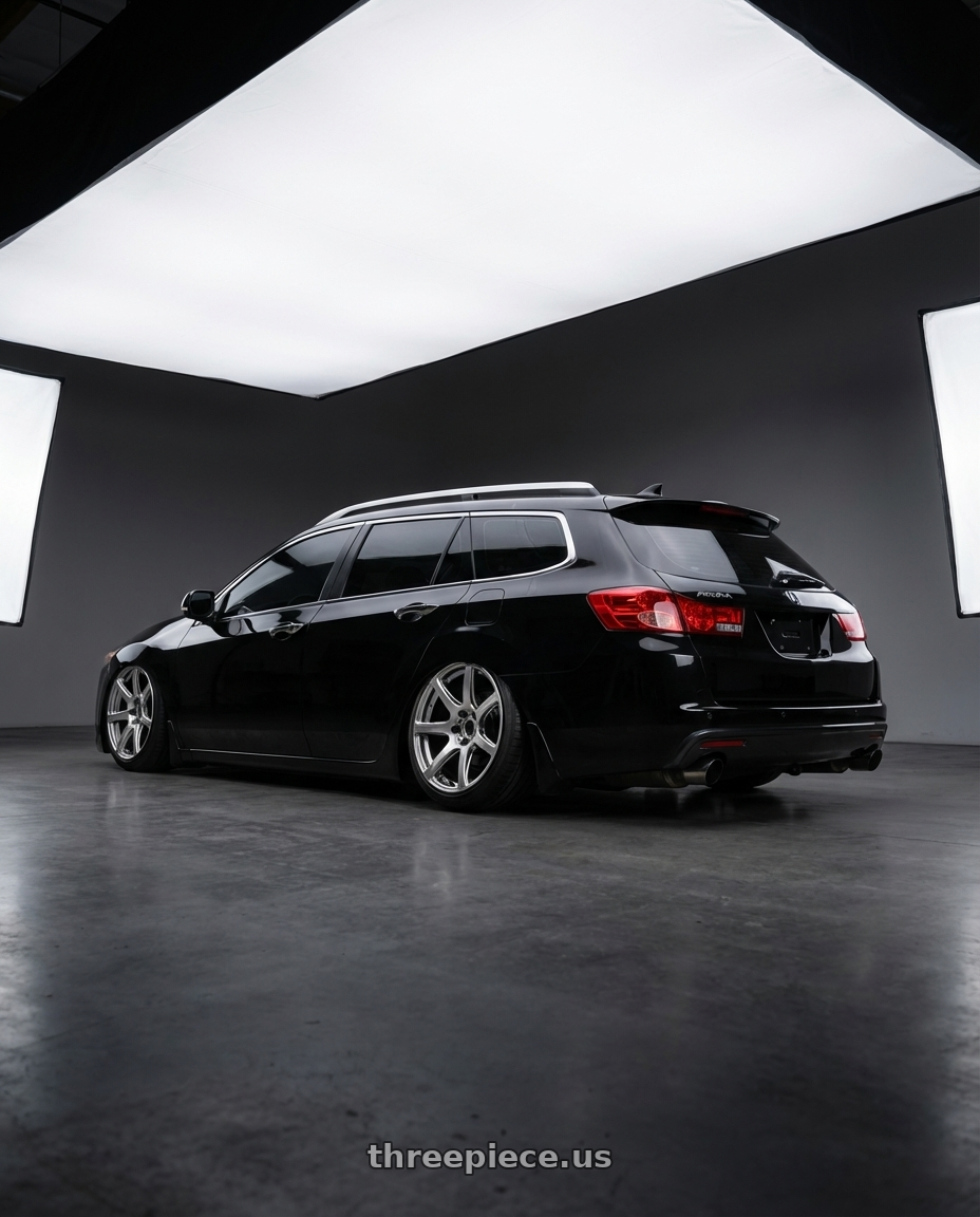 2012 acura tsx wagon with Work Emotion T7r 5x108 18x9.5 +22 Gt Silver wheels rear three quarter view slight stretch tires