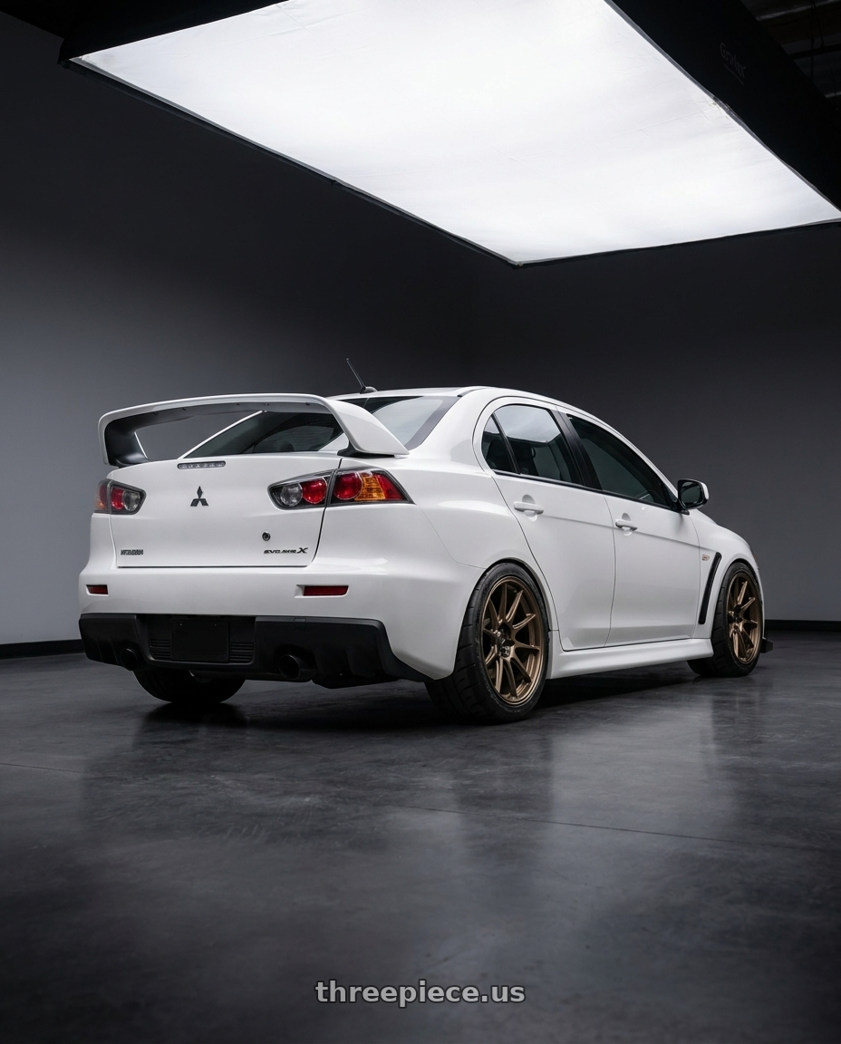 2010 Mitsubishi Evo x with Konig Dekagram 5x114.3 18x9.5+35 Gloss Bronze wheels rear three quarter view meaty tires