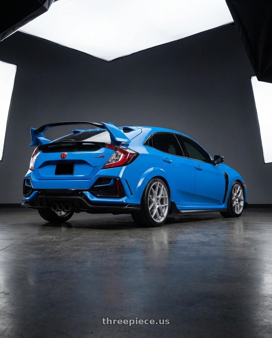 2020 Honda Civic Type R with Aodhan AFF2 5x120 19x9.5+35 Gloss Silver Machined Face wheels rear three quarter view square tires