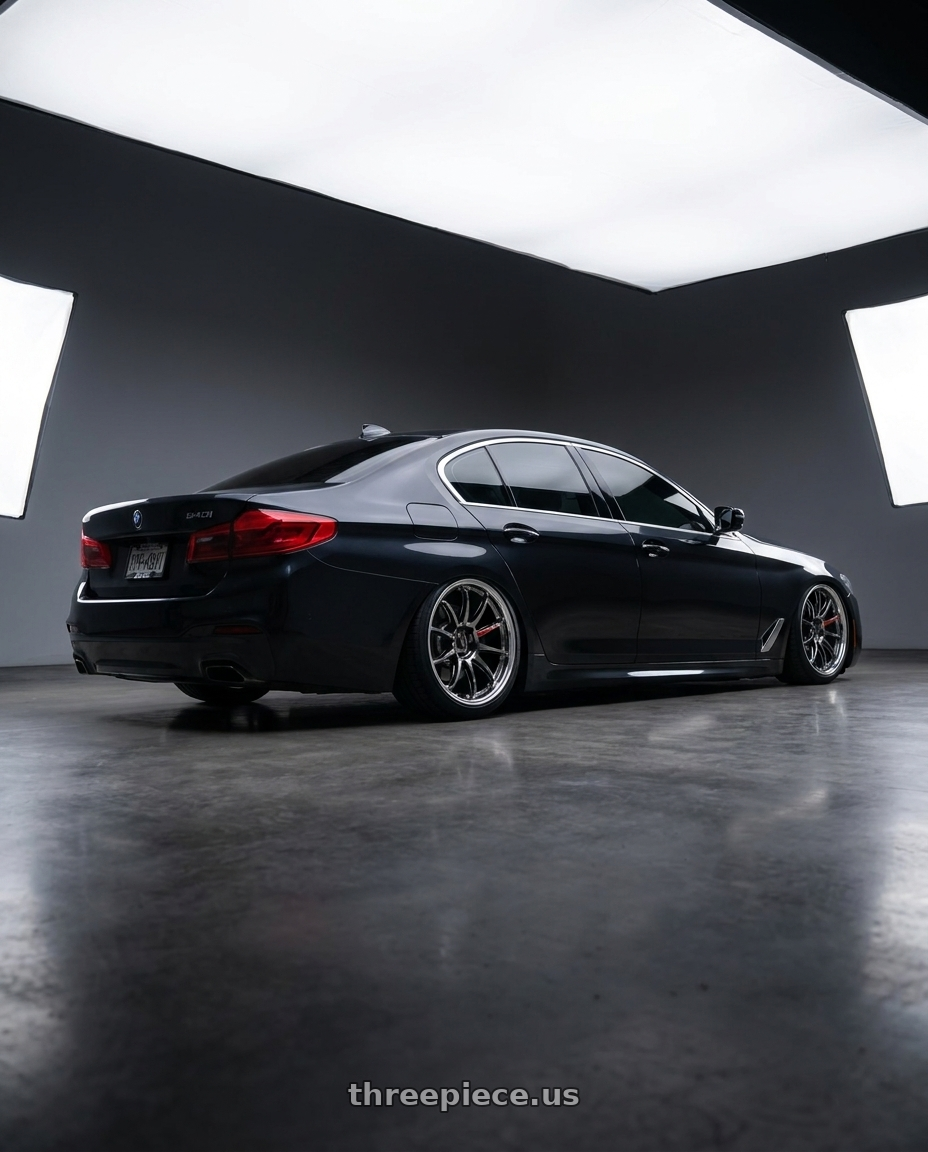 2017 BMW 540i  with Work Emotion Zr10 5x112 18x9.5 +38 Glim Black Diamond Rim cut wheels rear three quarter view square tires