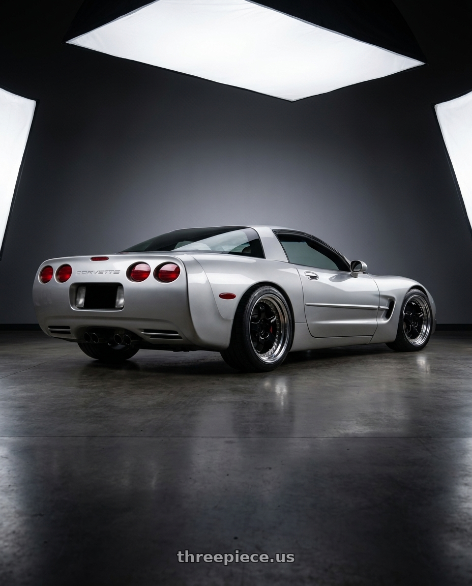 2003 CHEVY VETTE Z06 with Work Meister S1 3P 5x100 18x9.5-9 A Disk Black wheels rear three quarter view square tires