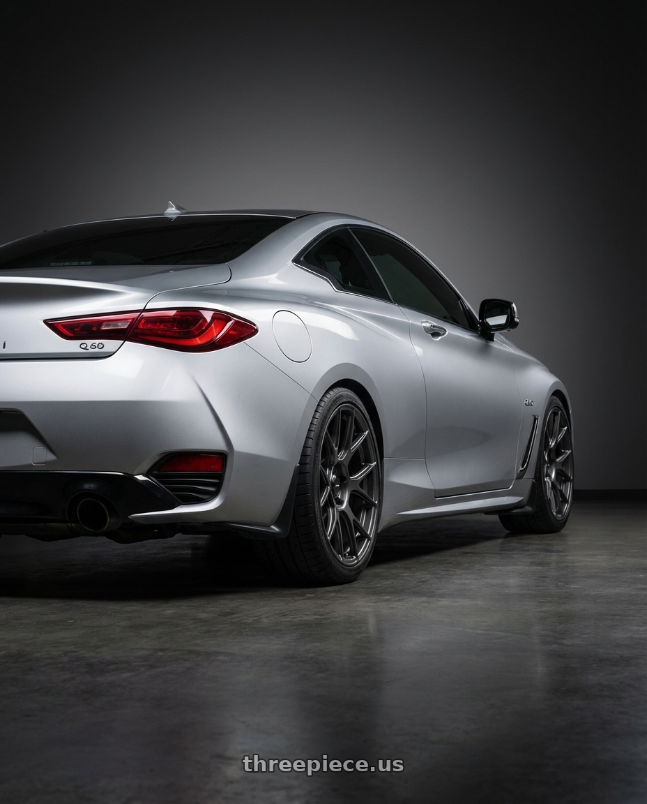 2020 Infiniti Q60 with Konig Ampliform 5x114.3 19x9.5+25 Dark Metallic Graphite wheels rear three quarter view square tires