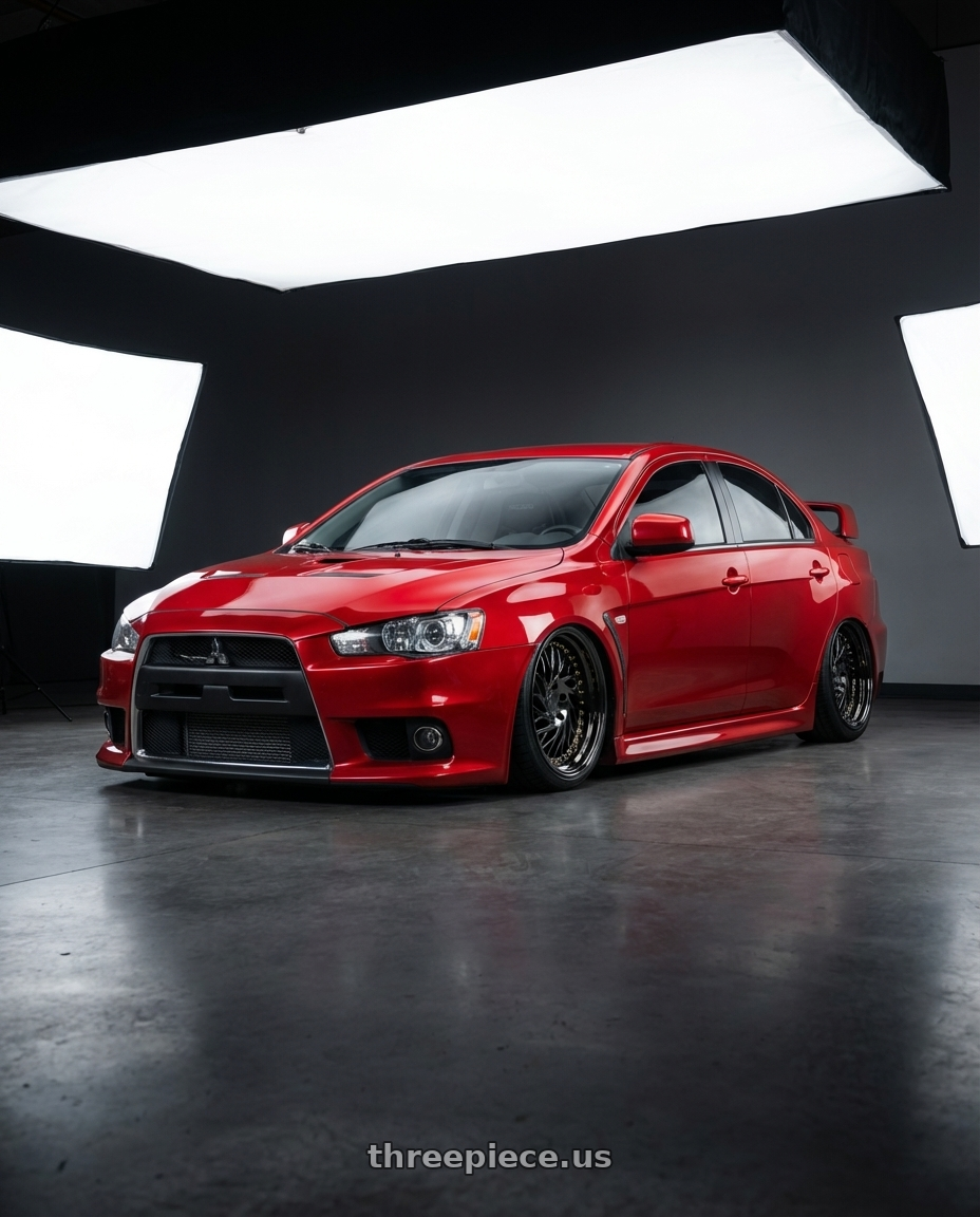 2012 Mitsubishi Lancer Evo X with Aodhan DS03 5x114.3 18x9.5 +30 Black Vacuum w/ Gold Rivets wheels