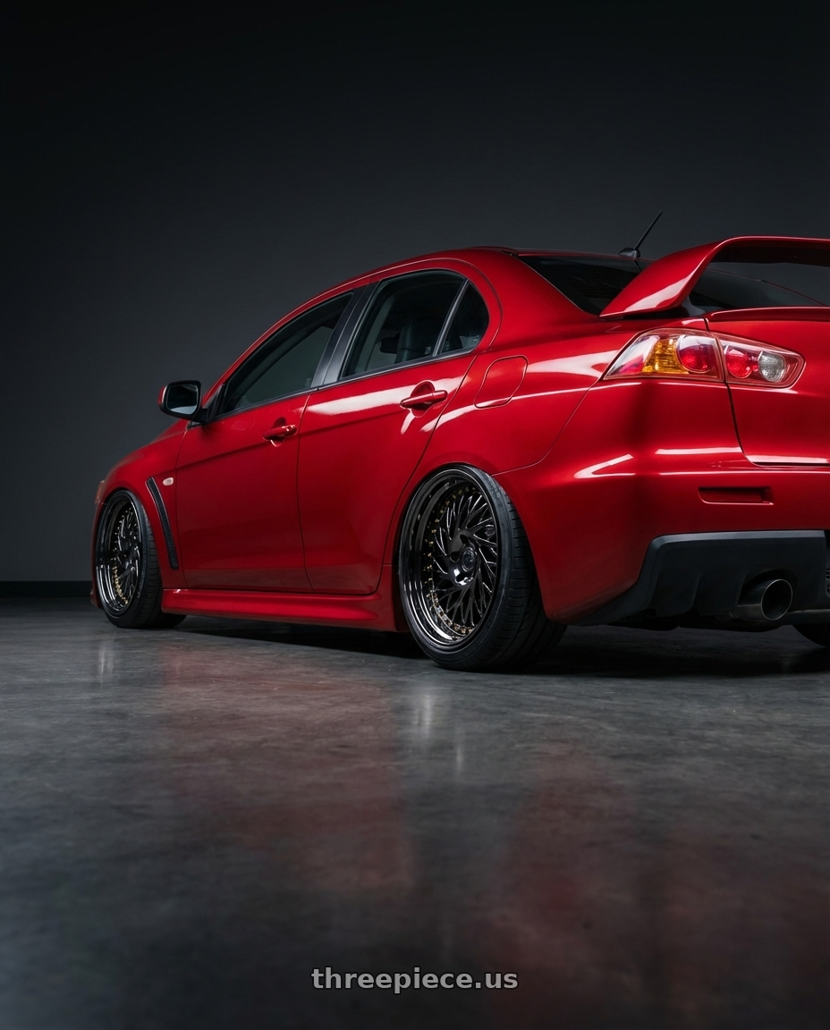 2012 Mitsubishi Lancer Evo X with Aodhan DS03 5x114.3 18x9.5 +30 Black Vacuum w/ Gold Rivets wheels rear three quarter view slight stretch tires