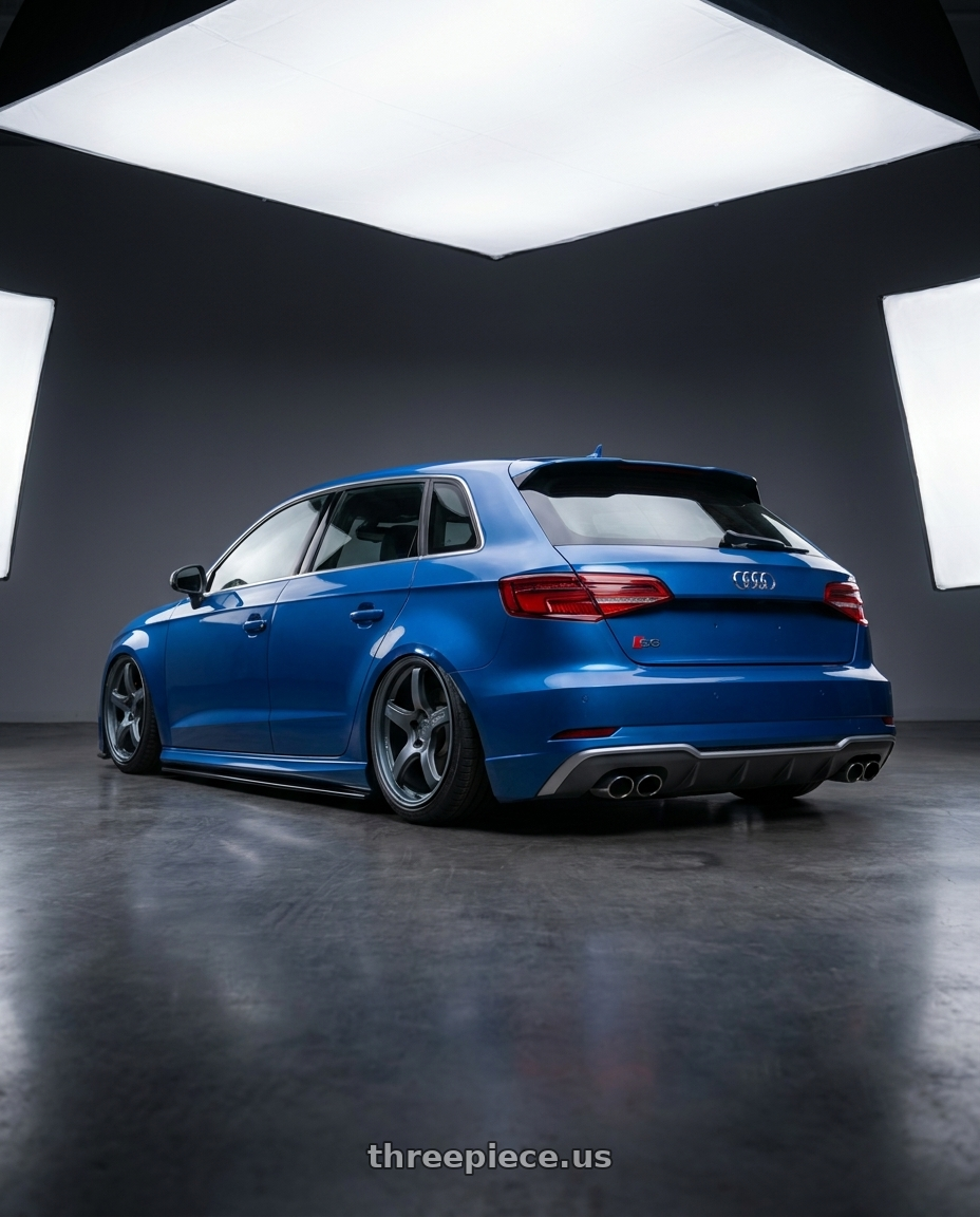 2019 Audi S3 8V with Gram Lights 57CR 5x112 19x10.5+22 Gunblue II wheels rear three quarter view slight stretch tires