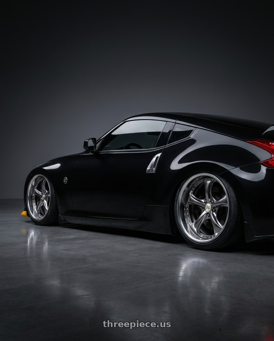 2009 nissan 370z with Work Wheels VS-KF 5X114.3 19x8+2 Brilliant Silver Black A Disk FULL REVERSE wheels rear three quarter view slight stretch tires