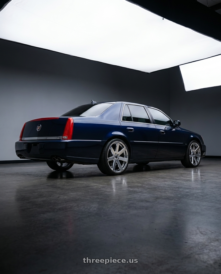 2009 Cadillac DTS with Strada Coda 5x115 20x8.5 +15 Chrome wheels rear three quarter view square tires