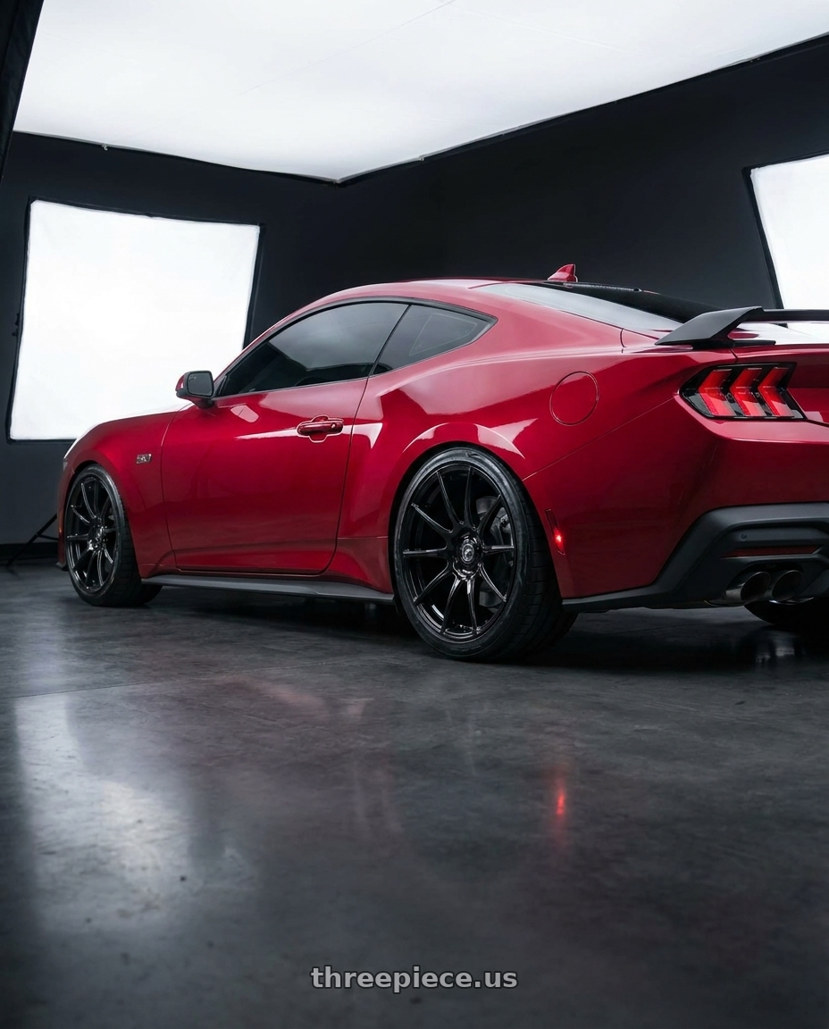 2025 mustang gt with Forgestar CF10 5x114.3 20x11 +56 Gloss Black wheels rear three quarter view slight stretch tires