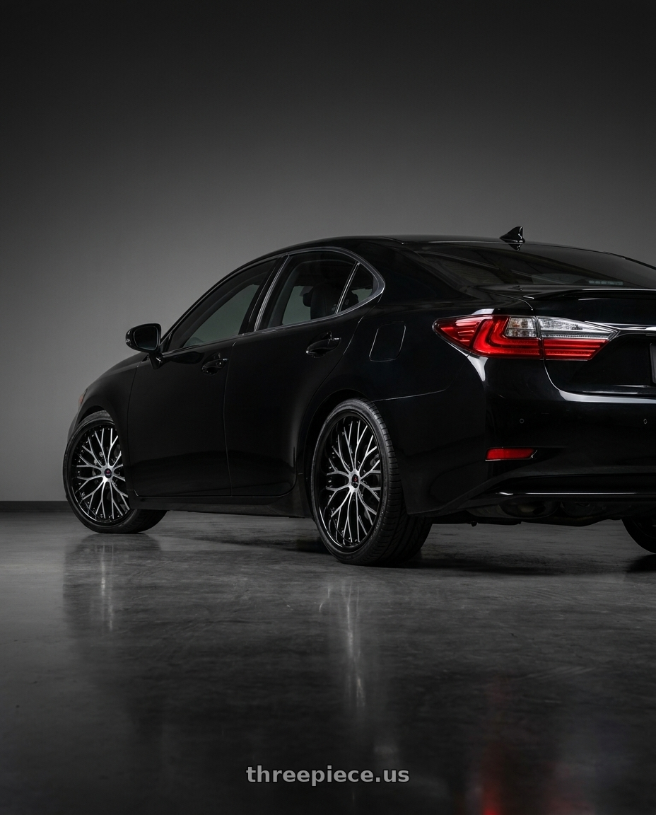 2017 Lexus ES 200 black with Cavallo CLV-33 4x100/4x114.3 18x8 +35 Gloss Black & Machined wheels rear three quarter view square tires