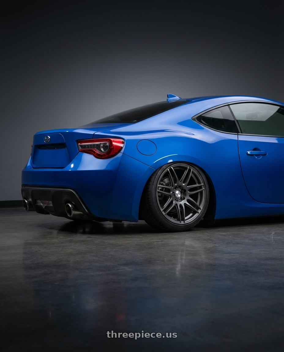 2017 Subaru BRZ with Niche 1PC M105 NR6 5X100/5X114.3 18X8 +40 MATTE GUN METAL wheels rear three quarter view slight stretch tires
